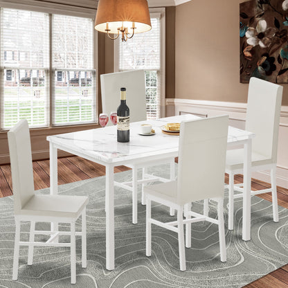 Kitchen Table and 4 Chairs Set, Metal Kitchen Table Sets Faux Marble Rectangular Breakfast Table w/Metal Legs & White Finish Frame, Dining Table Sets for an Apartment Breakfast, S12528