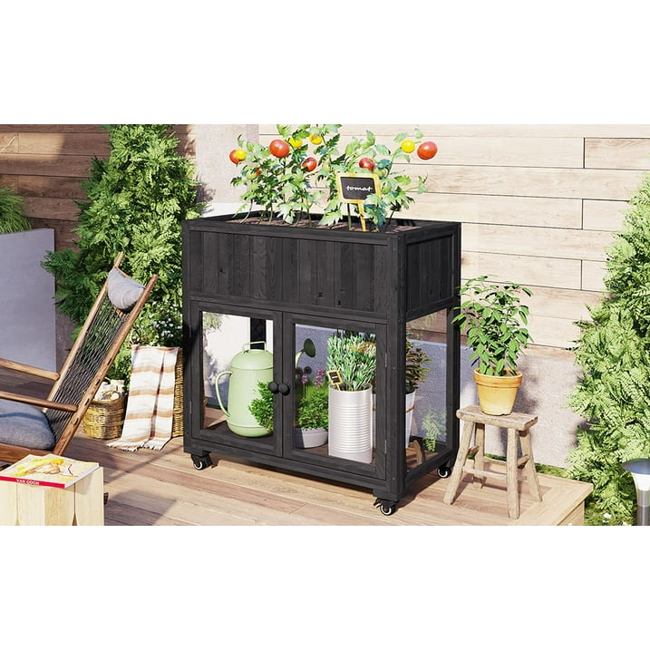 Segmart Raised Wood Greenhouse Outdoor/Indoor,Herb Garden Above Ground Cold Frame with Legs,Mini Garden Bed On Wheels Patio for Vegetable herb