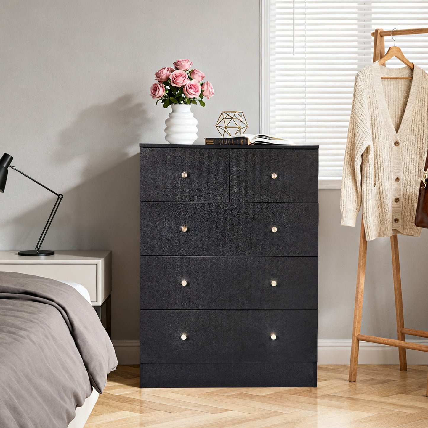 5-Drawer Dresser with Matte Gold Handles, Linen Texture Modern Storage Cabinet for Bedroom, Office, Living Room,25.98''x15.75''x35.82''