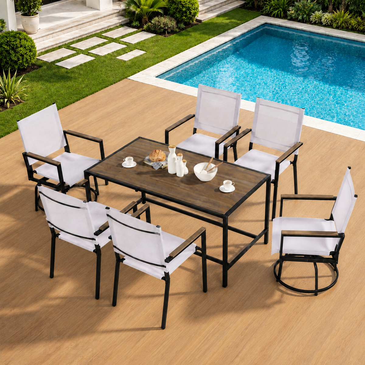 Segmart Outdoor Furniture Dining Set,Patio Dining Table Set for 6 Person, Patio Table and Chairs Set with Textilene Armchairs, Conversation Furniture Set for Backyard, Poolside, Pink