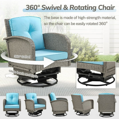 3-Piece Outdoor Swivel Rocker Chairs, 360° Patio Rattan Wicker Swivel Rocking Chair Set with Thickened Cushions and Glass Coffee Table, Max Weight 360 LBS, Light Blue