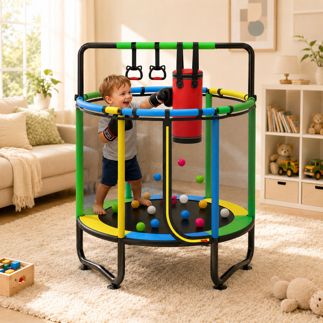55" Kids Trampoline with Safety Enclosure Net, Toddler Trampoline for Kids, Small Trampoline for Kids, Mini Trampoline, Indoor Trampoline with Jumping Mat, Spring Padding, Gifts for Ages 3+