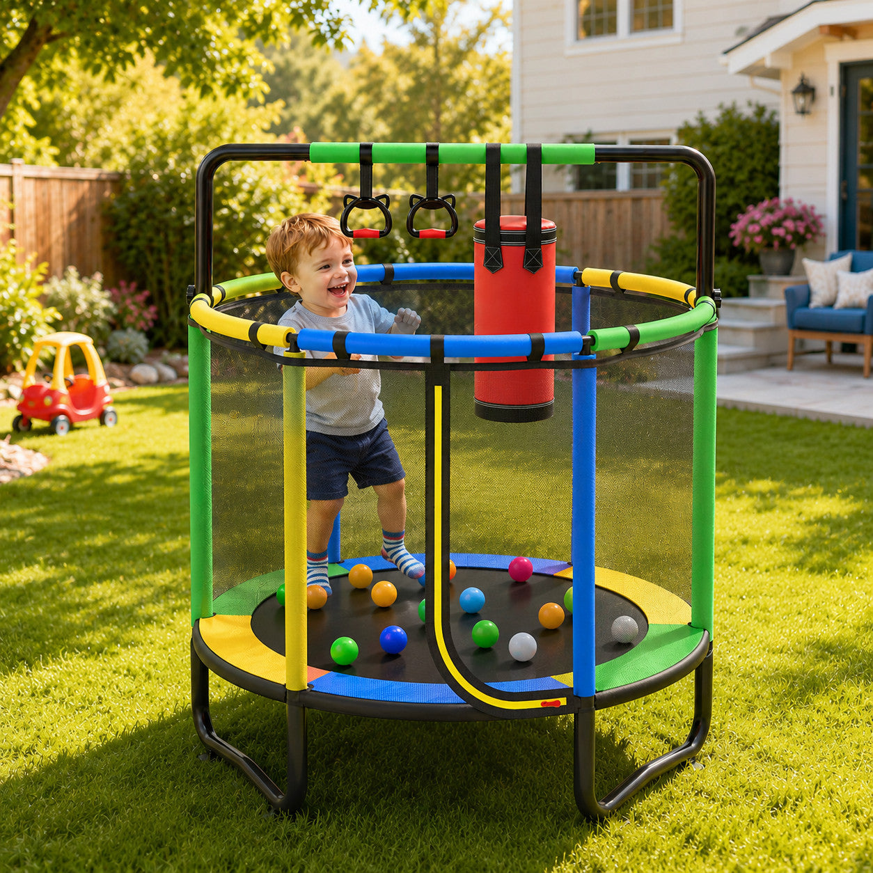 4.5FT Mini Trampoline for Kids Ages 3+, Indoor Toddler Trampoline with Enclosure Net, Padded Springs, Jumping Mat, Small Trampoline for Home Play, Kids Trampoline for Boys Girls