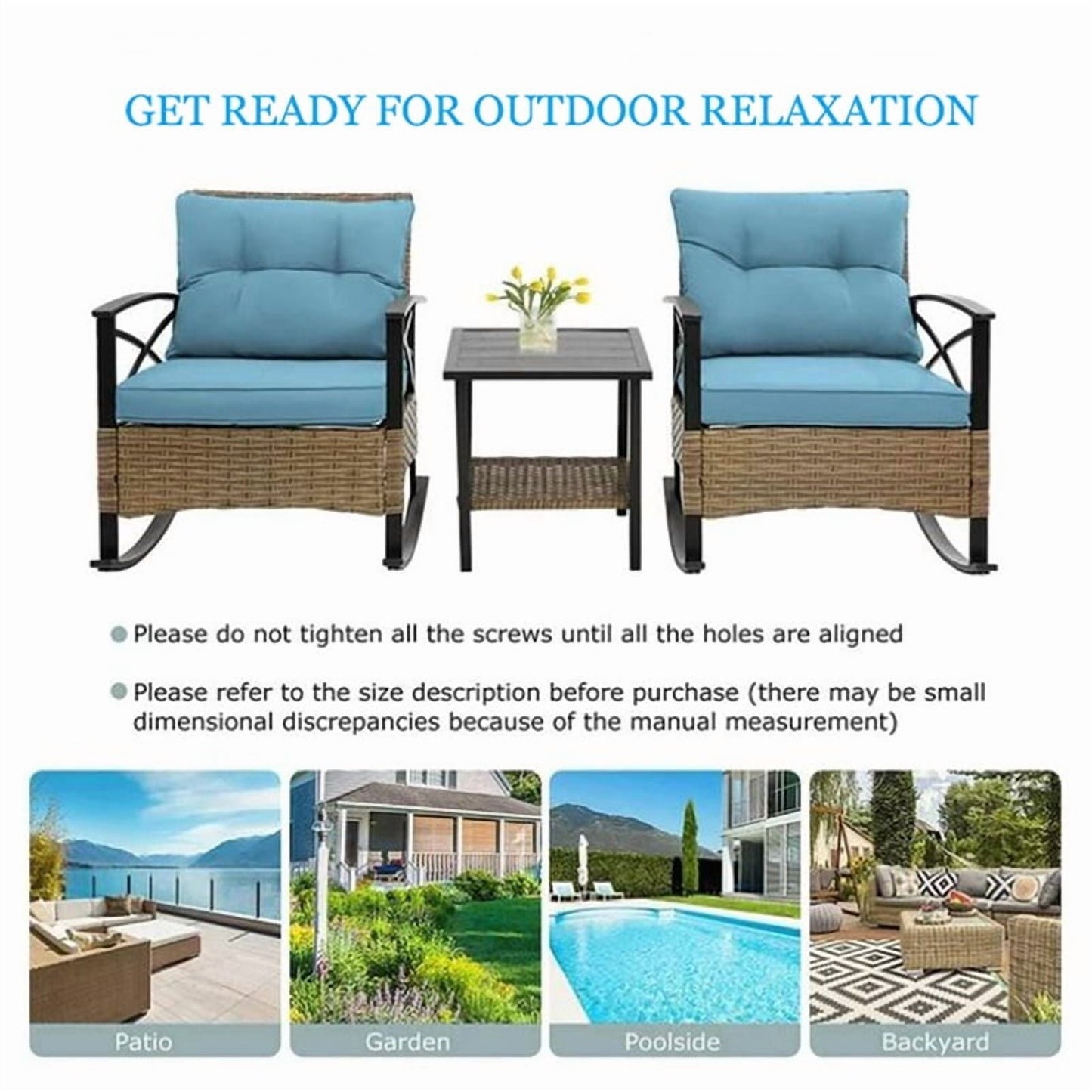 Segmart 3-Piece Patio Rocking Bistro Set, Outdoor Rattan Wicker Chairs with Blue Cushions & Steel Side Table, Front Porch Furniture Set for Balcony, Garden, Poolside