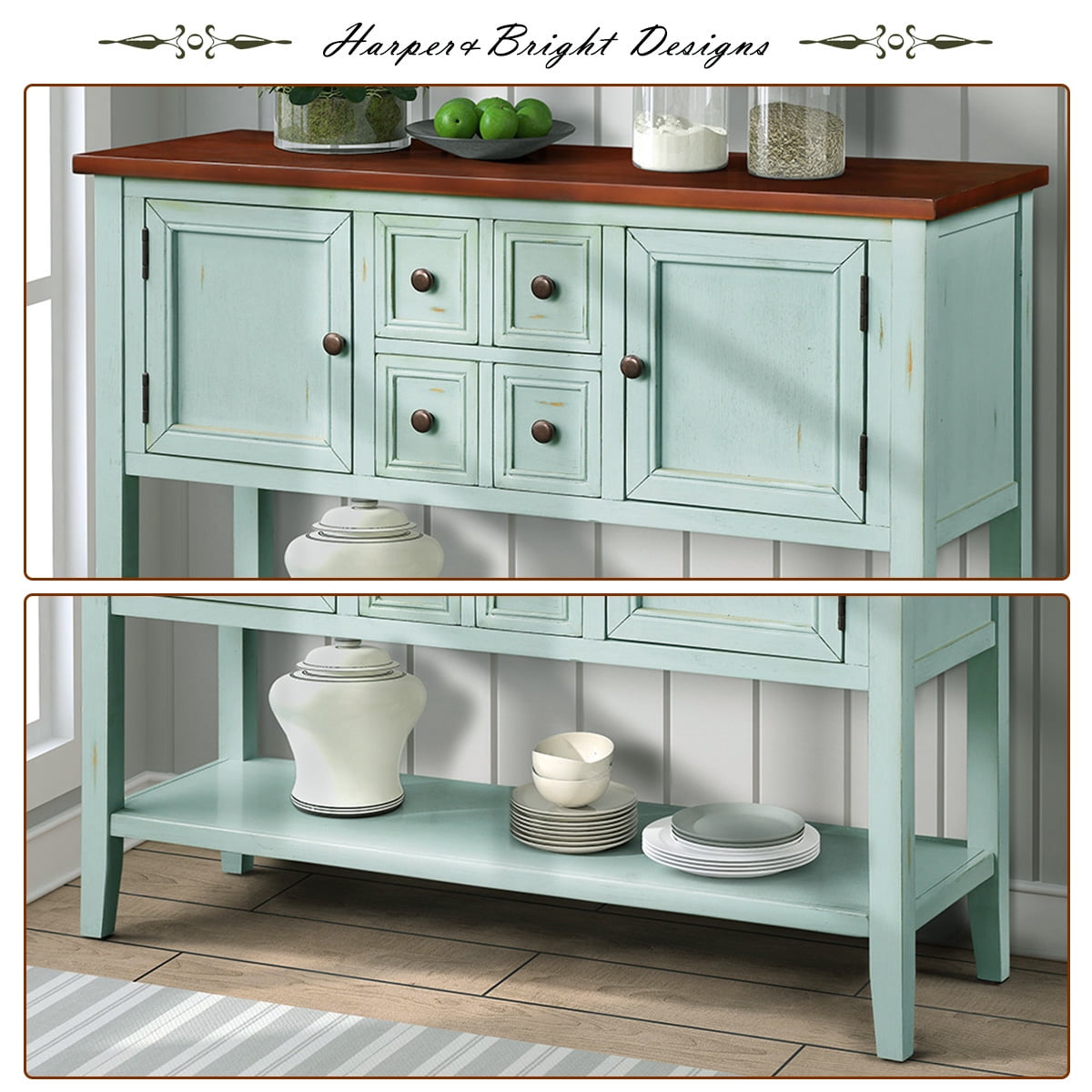 Console Table with 4 Storage Drawers,Storage Vintage Wood Buffet Sideboard Desk with 2 Cabinets and Bottom Shelf, Retro Entryway Table Cupboard for Living Room, Foyer, Hallway