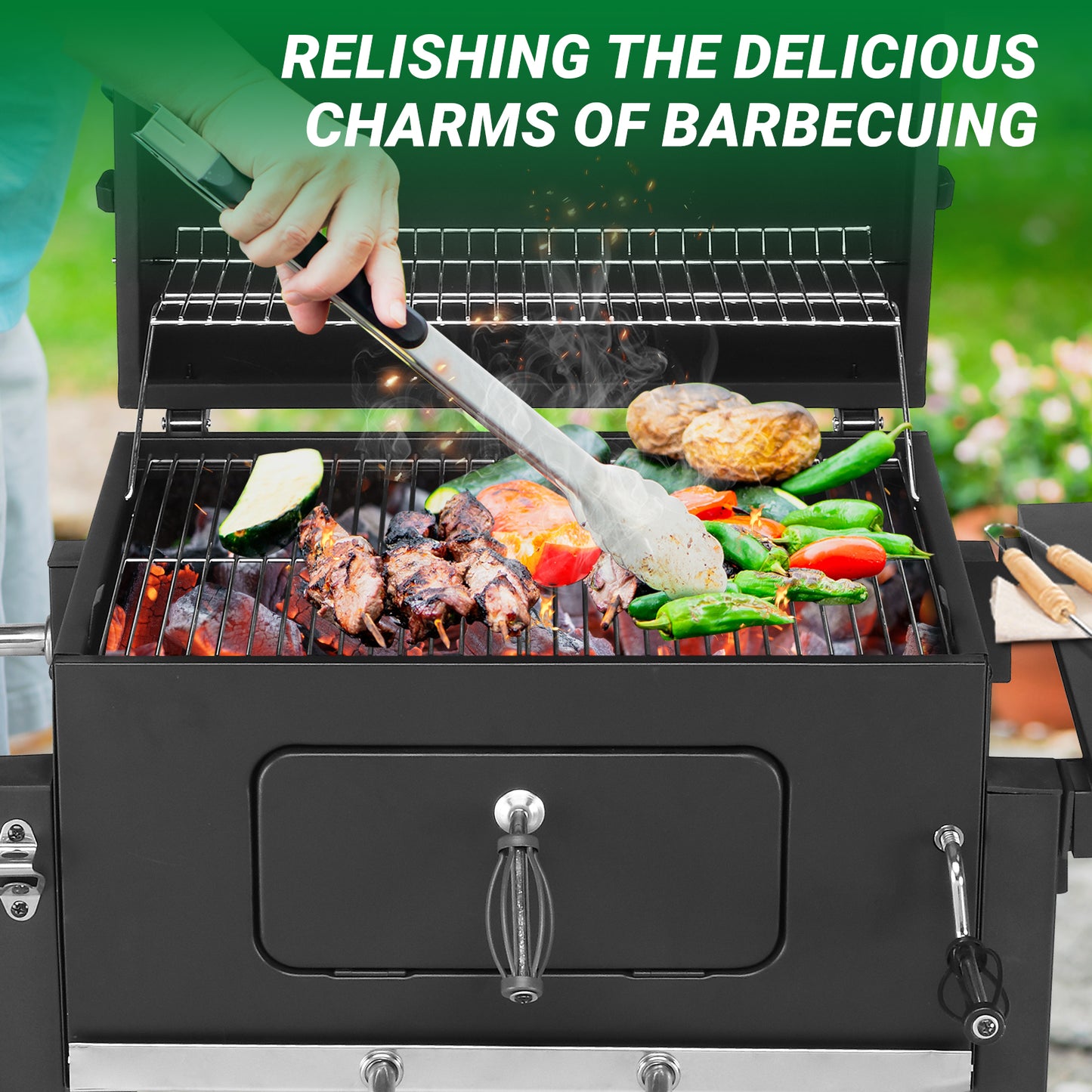 Segmart Charcoal Grill, Outdoor BBQ Grill with Foldable Side Table, Heavy Duty 24-inch Charcoal Grill on Wheels Portable