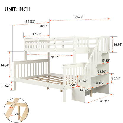 SEGMART Wood Bunk Beds , 76.97'' x 51.57'' Solid Wood Twin-Over-Full Bed, Sturdy Wood Twin-Over-Full Bunk Beds w/ 4 Storage Shelves, 4-Step Ladder, Full-Length Guardrails, 250lbs, S1914