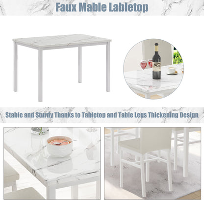 Kitchen Table and 4 Chairs Set, Metal Kitchen Table Sets Faux Marble Rectangular Breakfast Table w/Metal Legs & White Finish Frame, Dining Table Sets for an Apartment Breakfast, S12528
