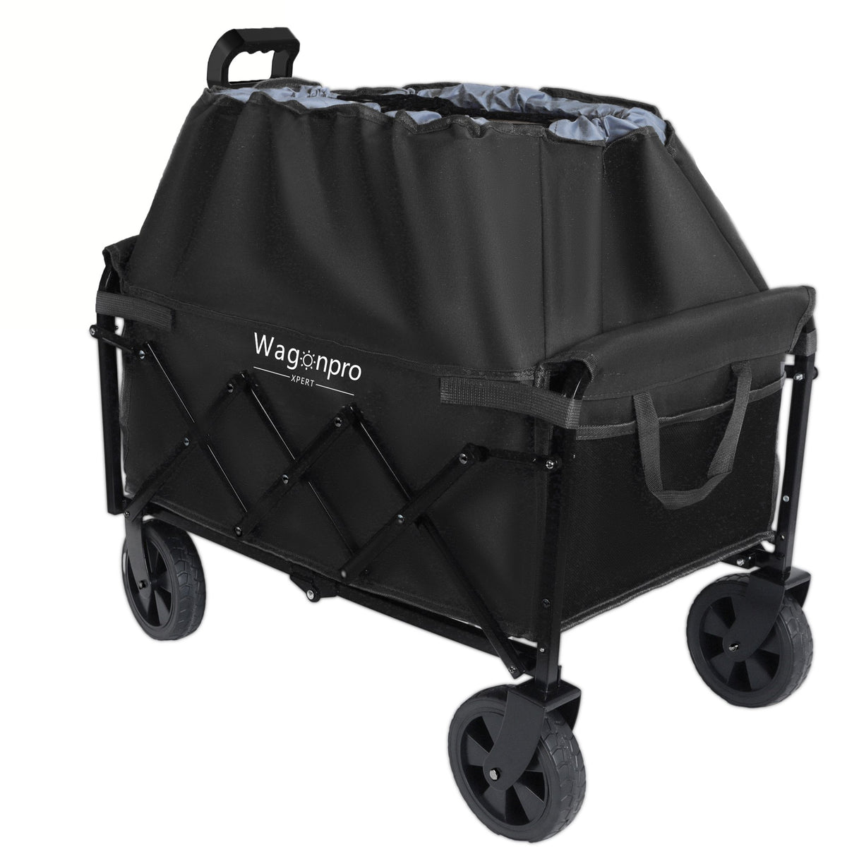 Collapsible Wagon Cart with Wheels, Expandable Dual-Layer Utility Wagon with 100% Extra Space, Heavy Duty Folding Garden Cart with 220 lbs Capacity, Lightweight Steel Frame, All-Terrain Swivel Wheels