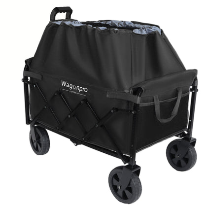 Collapsible Wagon Cart with Wheels, Expandable Dual-Layer Utility Wagon with 100% Extra Space, Heavy Duty Folding Garden Cart with 220 lbs Capacity, Lightweight Steel Frame, All-Terrain Swivel Wheels