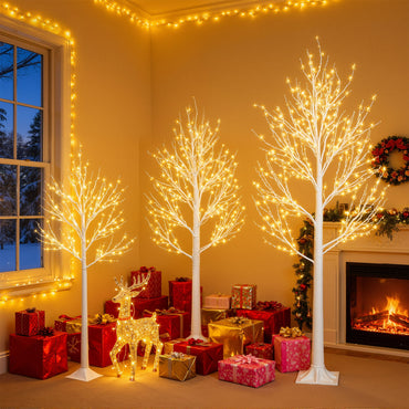 3-Pieces Lighted Birch Trees Sets, Segmart Indoor Outdoor Christmas Tree with 650 LED, Stand and Timer, Christmas Porch Decorations Lighted Trees Artificial for Festival, Party,6FT+5FT+4FT