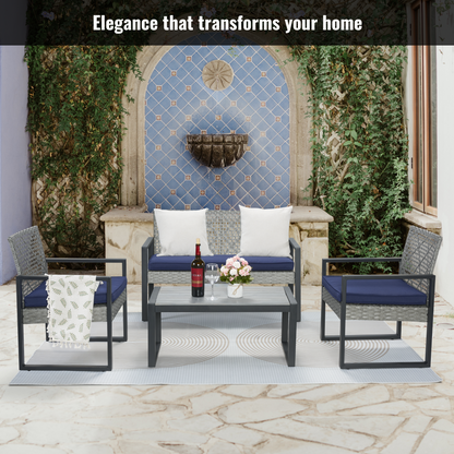 Segmart Rattan Patio Conversation Set, 4 Pieces Outdoor Sectional Sofa Set with Table, Gray Thick Cushioned Patio Furniture Set Loveseat Armchairs, Max Weight Over 350lbs