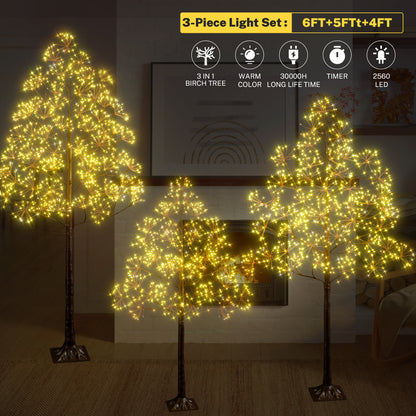 Segmart 3 Packs White Lighted Birch Trees, 4FT+5FT+6FT Prelit Artificial Christmas Tree with 2560 Warm LED Lighted, Indoor and Outdoor Light Up Home Christmas Decorations with Timer, Brown