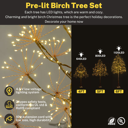 Segmart 3 Packs White Lighted Birch Trees, 4FT+5FT+6FT Prelit Artificial Christmas Tree with 2560 Warm LED Lighted, Indoor and Outdoor Light Up Home Christmas Decorations with Timer, Brown