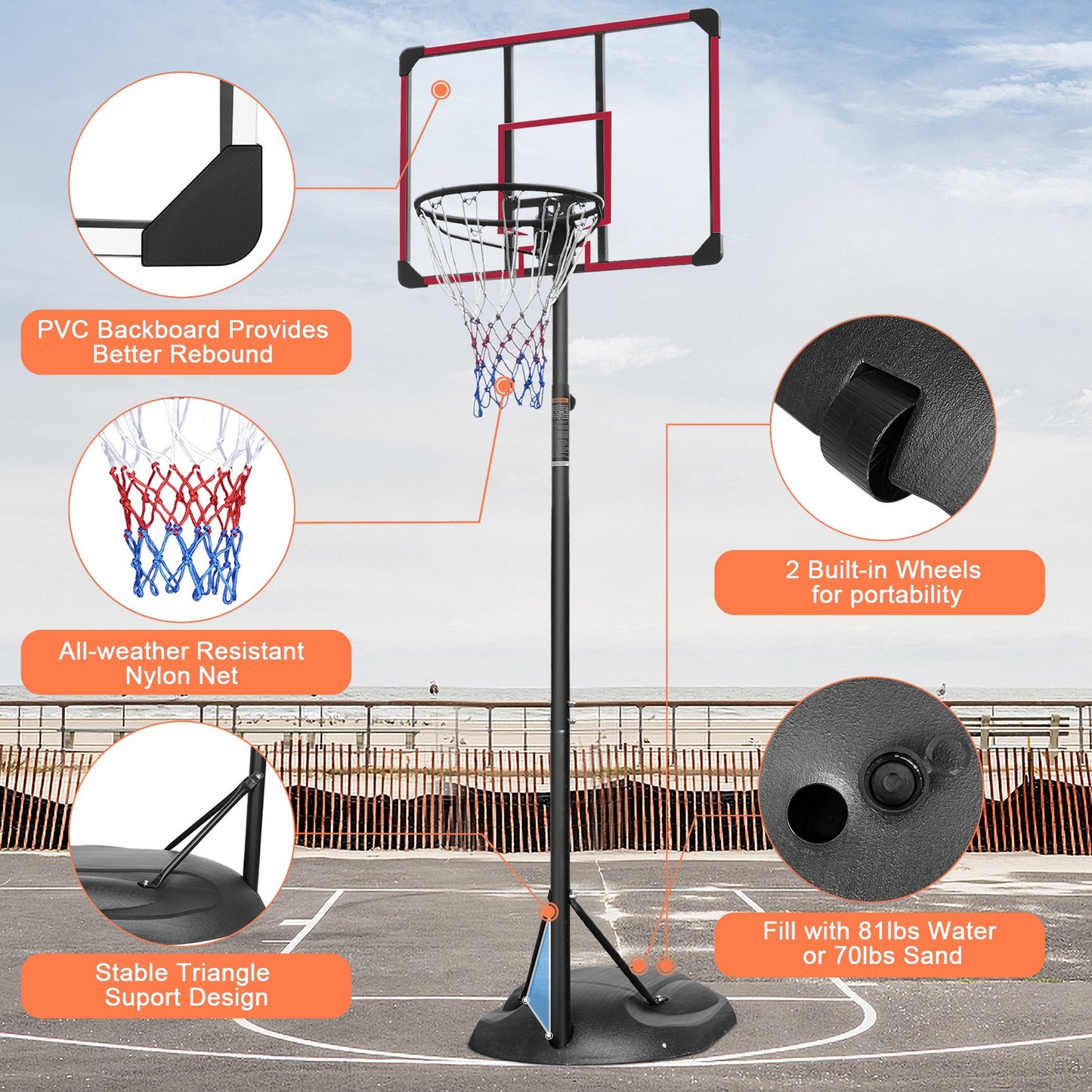 32'' Portable Basketball Hoop System, Upgraded SEGMART Indoor Outdoor Basketball Goal with 7.5ft-9.2ft Height Adjustable, Basketball Hoop Stand with 2 Wheels, Fillable Base for Youth Adults