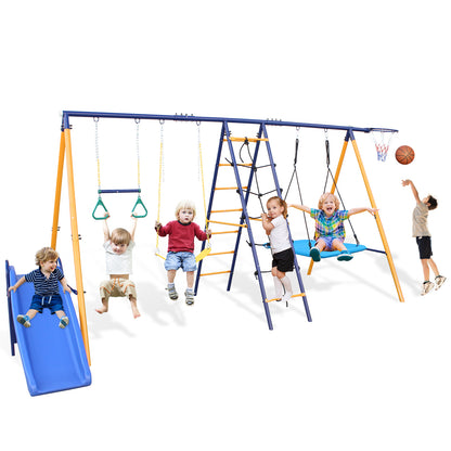 Swing Sets for Backyard, 6 in 1 Swing Set for Outside, Segmart Heavy Duty A-Frame Metal Swing Set with Climbing Ladder and Nets, Saucer Swing, Belt Swing, Basketball Hoop, Wavy Slide