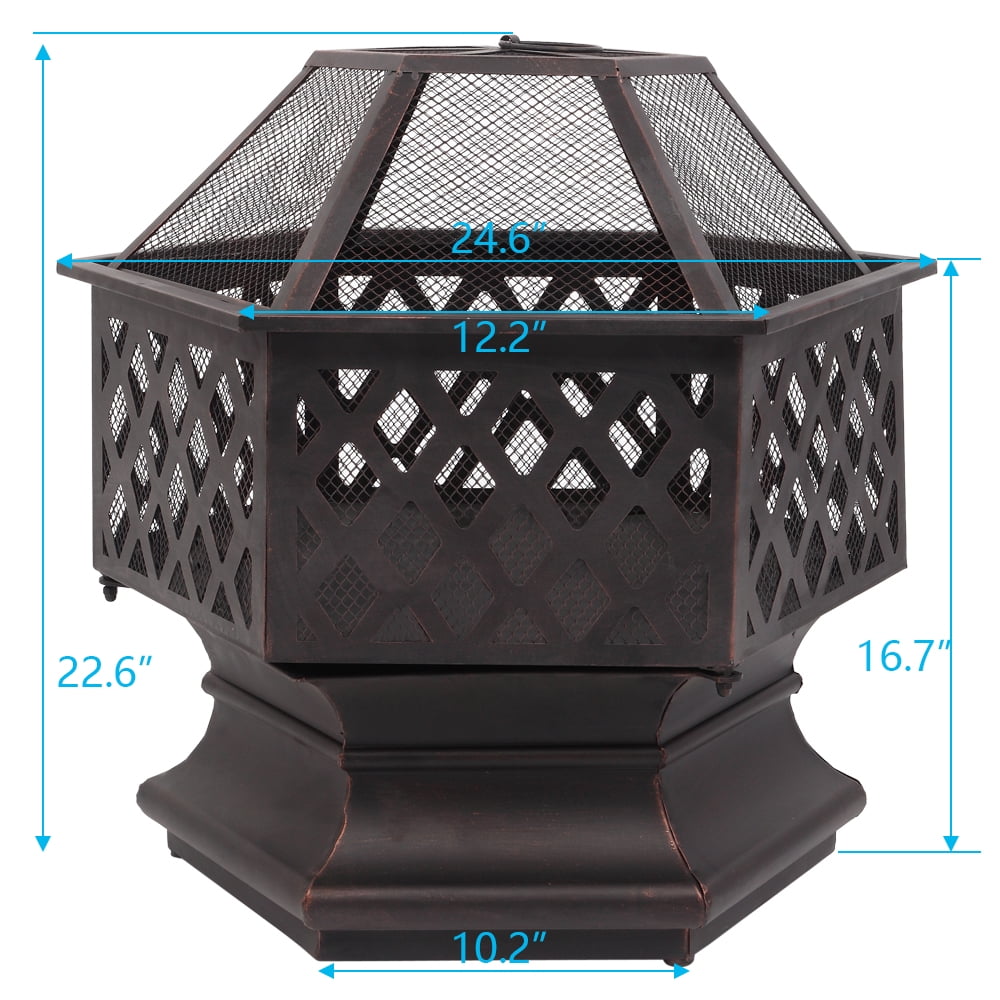 Fire Pit for Outside, Premium Hexagon-shaped Steel Fire Pit w/Mesh Screen Lid, Portable Outdoor Metal Fire Pit with Poker, Multifunctional Heater/Grill/Ice Pit for Patio Garden BBQ Grill, S7039