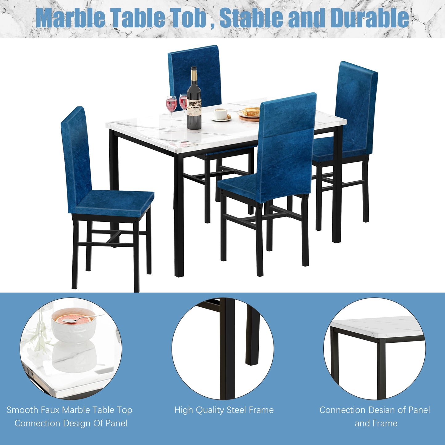 Kitchen Table and 4 Chairs Set, Metal Kitchen Table Sets Faux Marble Rectangular Breakfast Table w/Metal Legs & Black Finish Frame, Dining Table Sets for an Apartment Breakfast, SS1308
