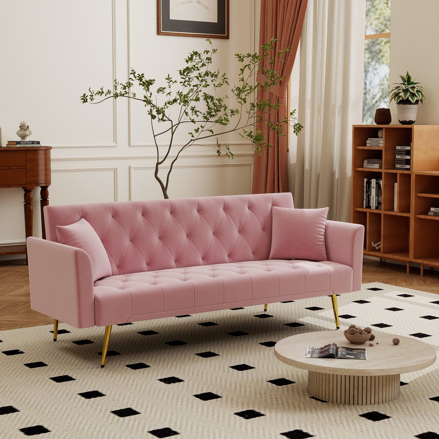 Modern 72" Foldable Sleeper Sofa Bed, 3-in-1 Adjustable Loveseat with Tufted American Retro Style, Pink Velvet Upholstery, Space-Saving for Small Living Rooms, Bedrooms, Apartments, Home Office