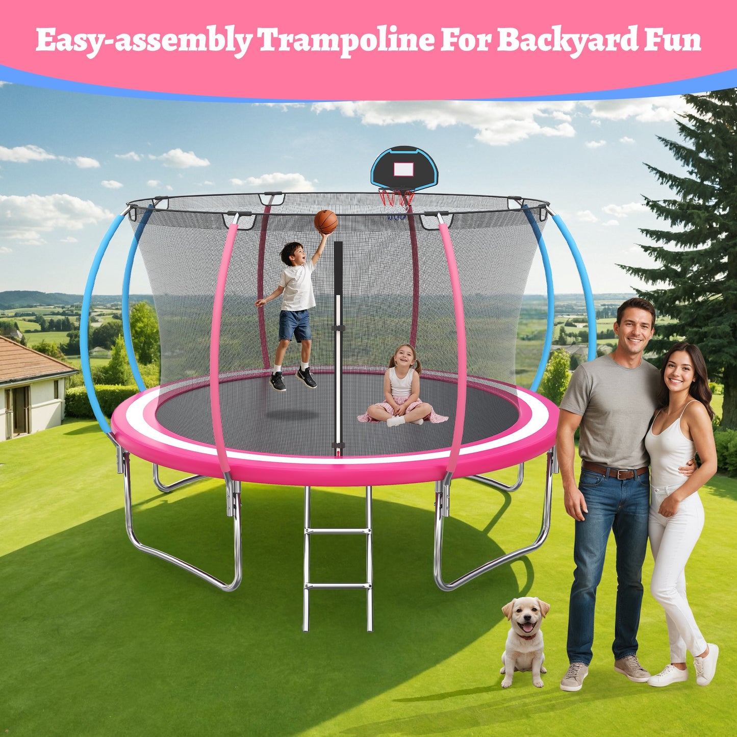 10' Recreational Trampoline with Basketball Hoop, SEGMART Backyard Trampoline with Safety Enclosure Net, Heavy Duty Kids Outdoor Trampoline with Ladder for Kids and Adults