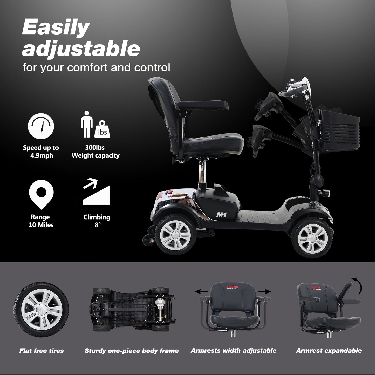 Outdoor Mobility Scooter for Senior, Heavy Duty Electric Scooters with 4 Wheel, Sliding Swivel Seat with Flip-Up Armrests for Adults, Easy Assembly, 300lbs, Chrome, SS202