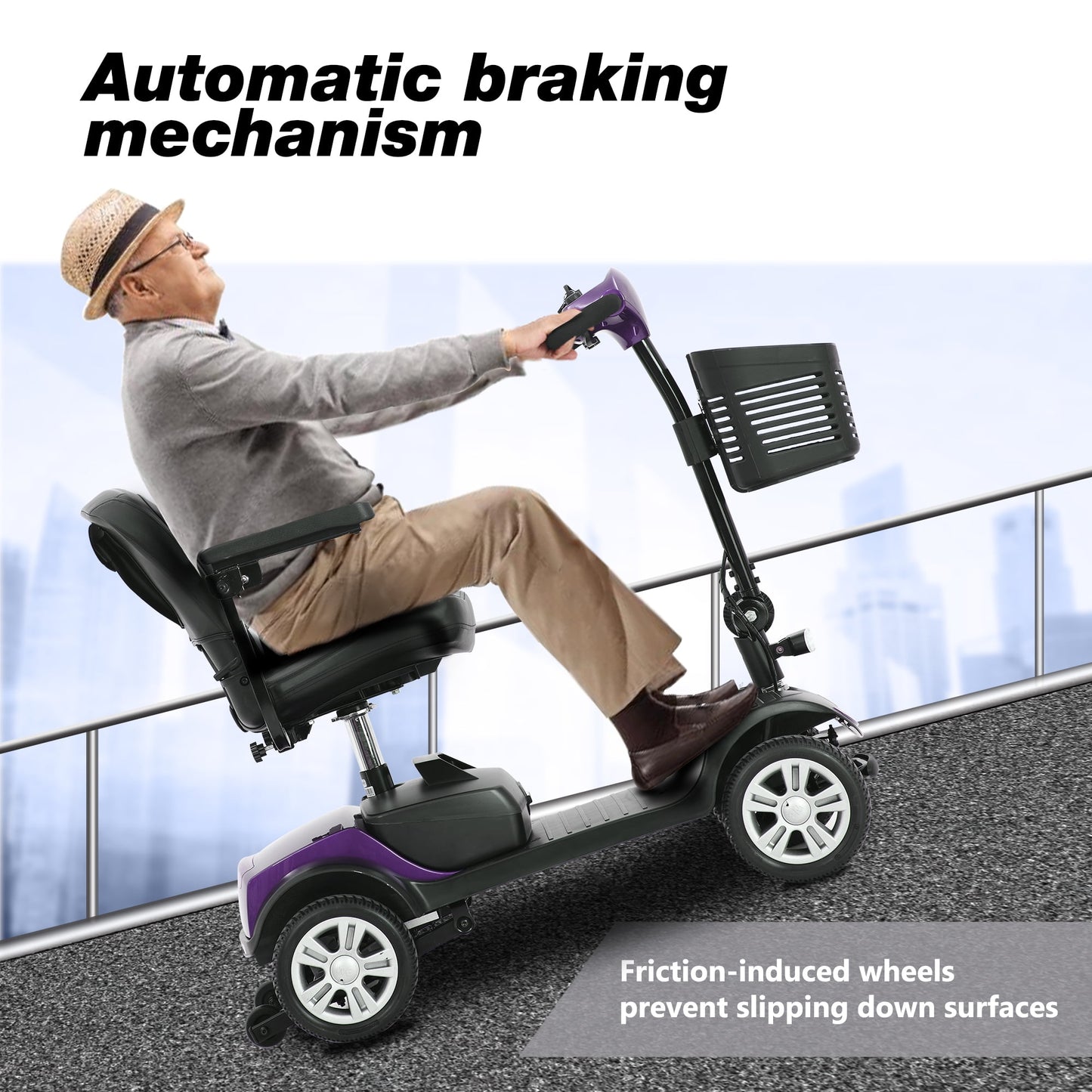 Segmart 4 Wheel Mobility Scooter for Seniors,electric wheelchairs for adults lightweight foldable, 15 Miles Range, 300lbs Capacity, W/LED Head Lights & Basket, Purple