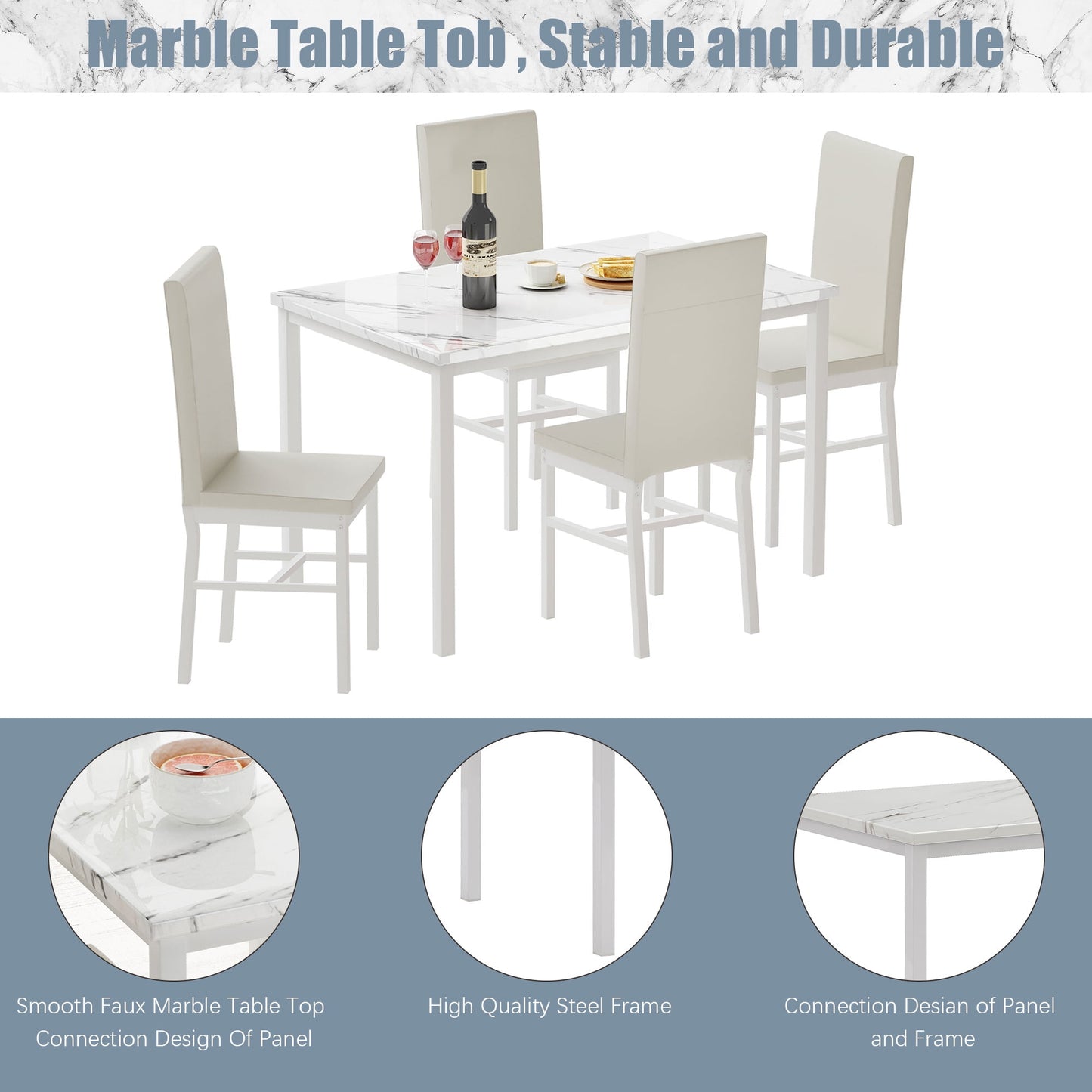 Kitchen Table and 4 Chairs Set, Metal Kitchen Table Sets Faux Marble Rectangular Breakfast Table w/Metal Legs & White Finish Frame, Dining Table Sets for an Apartment Breakfast, S12528