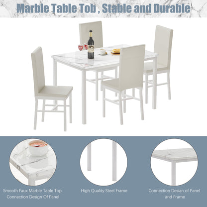 Kitchen Table and 4 Chairs Set, Metal Kitchen Table Sets Faux Marble Rectangular Breakfast Table w/Metal Legs & White Finish Frame, Dining Table Sets for an Apartment Breakfast, S12528