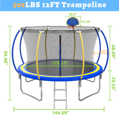 12FT Trampoline with Basketball Hoop for Kids and Adults, SEGMART Upgrade Outdoor Trampoline with Safety Enclosure Net, Heavy Duty Backyard Trampoline with Ladder for Lawn Garden Yard, Bule