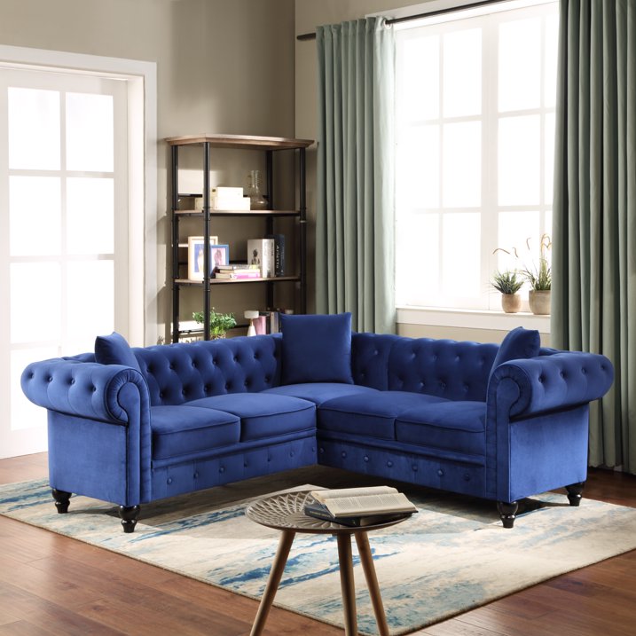 Modern Upholstered Sofa with 2 Sectional Loveseat Couches, 80'' Modern Velvet Chesterfield Loveseat Sofas with 3 Pillows, Upholstered L-Shaped Button-Tufted Scrolled Back Furniture Set, S9892