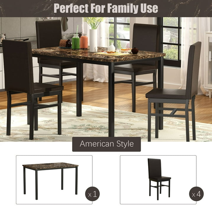 Kitchen Dining Table Set, Metal Kitchen Table Sets with 4 Chairs, Faux Marble Rectangular Breakfast Table w/Metal Legs & Black Finish Frame, Dining Table Sets for an Apartment Breakfast, S12528