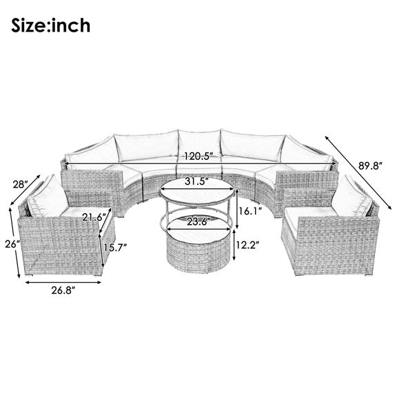 9 Pieces Patio Furniture Set, Wicker Sectional Table and Chairs Sets, Patio Conversation Set with Sectional Chaise Longue, Coffee Table, Suitable for Porch Backyard Garden, Beige