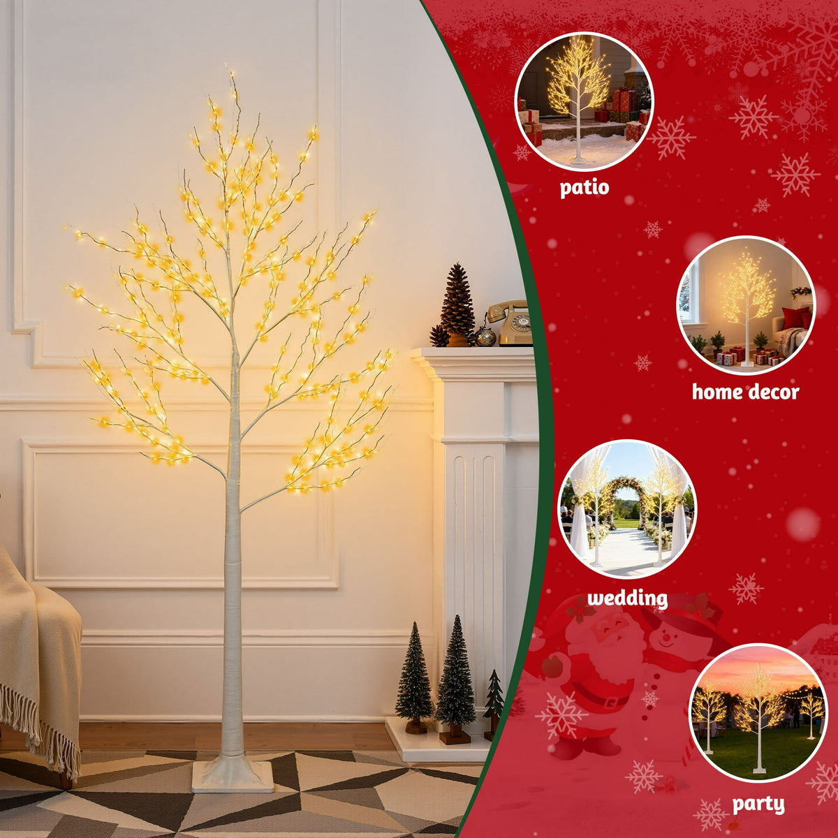 3-Pieces Lighted Birch Trees Sets, Segmart Indoor Outdoor Christmas Tree with 650 LED, Stand and Timer, Christmas Porch Decorations Lighted Trees Artificial for Festival, Party,6FT+5FT+4FT