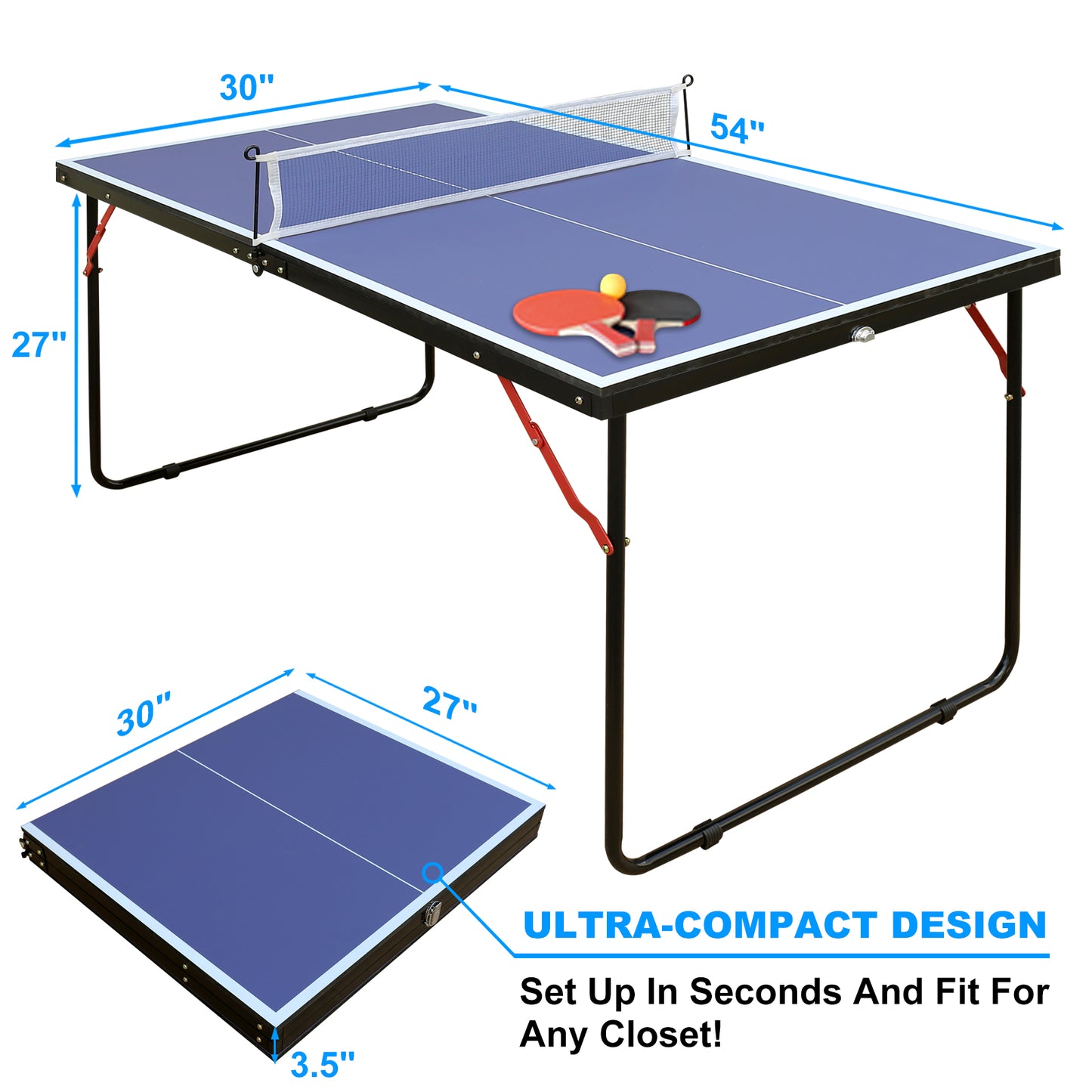 Mid-Size Portable Table Tennis Table, Outdoor Ping Pong Table Foldable Game Set, Folding Game Table with Net, 2 Table Tennis Paddles and 3 Balls, 54"