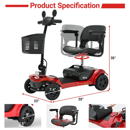 Mobility Scooter for Seniors, Segmart 4-Wheel Electric Scooter with Shock Absorption & Large Comfort Seat, 300W Foldable Senior Scooter with USB, LED Light, 300 lb Capacity, Red