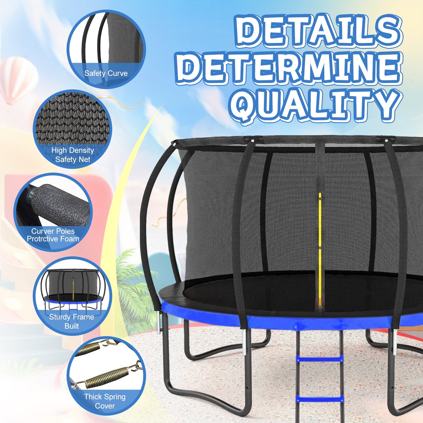 12FT Trampoline for Kids Adults, SEGMART Outdoor Round Recreational Trampoline with with Safety Enclosure Net, Heavy Duty Pumpkin Backyard Trampoline with Curved Poles and Ladder, Blue