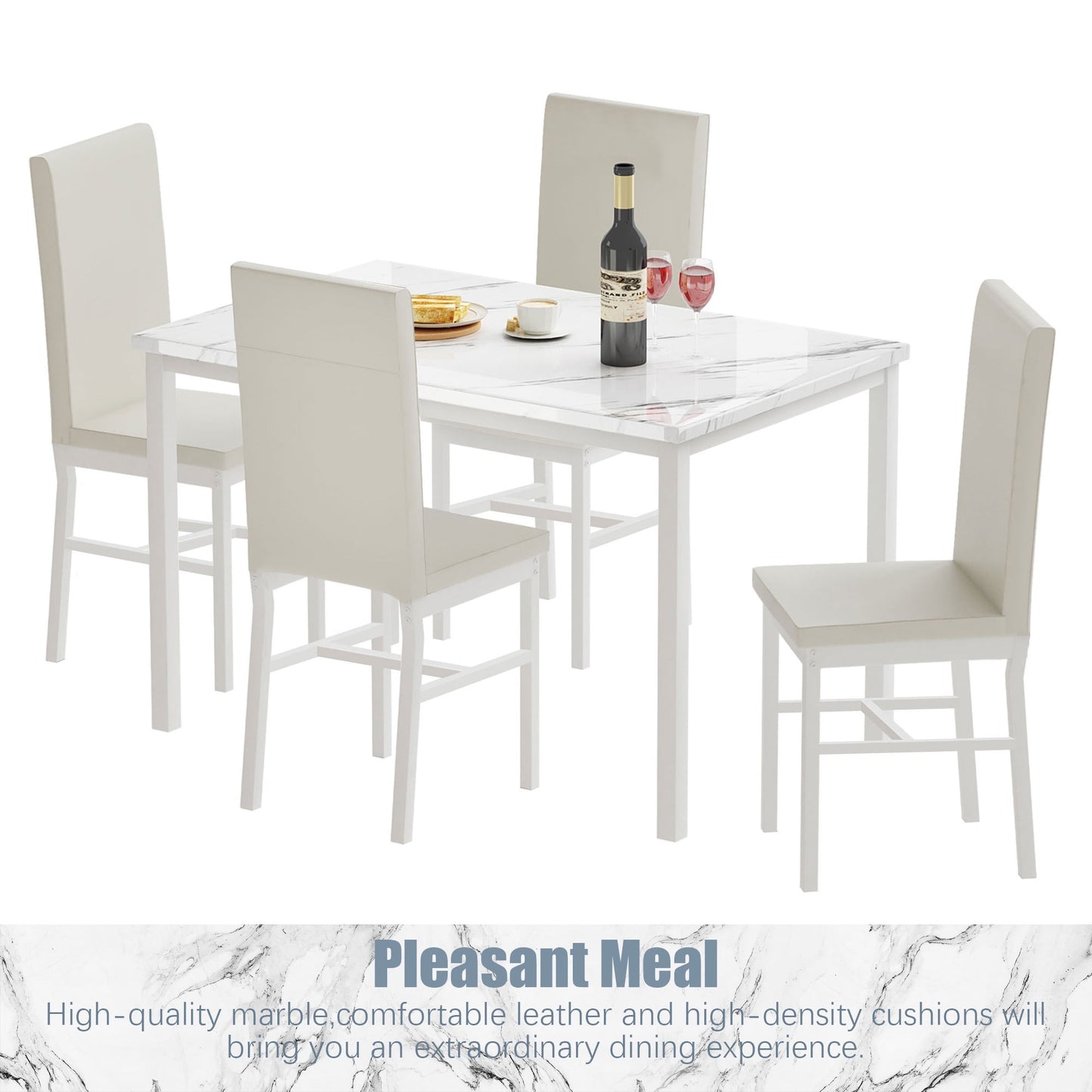 Kitchen Table and 4 Chairs Set, Metal Kitchen Table Sets Faux Marble Rectangular Breakfast Table w/Metal Legs & White Finish Frame, Dining Table Sets for an Apartment Breakfast, S12528