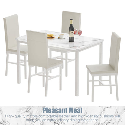 Kitchen Table and 4 Chairs Set, Metal Kitchen Table Sets Faux Marble Rectangular Breakfast Table w/Metal Legs & White Finish Frame, Dining Table Sets for an Apartment Breakfast, S12528