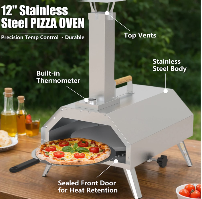 Segmart 12" Wood Pellet Outdoor Pizza Oven with Built-in Thermometer, Rotating Stone, Insulated Stainless Steel