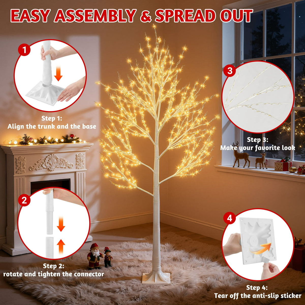 3-Pieces Lighted Birch Trees Sets, Segmart 6FT+5FT+4FT Christmas Tree with 650 LED, Stand and Timer, Christmas Porch Decorations Lighted Trees for Indoor Outdoor