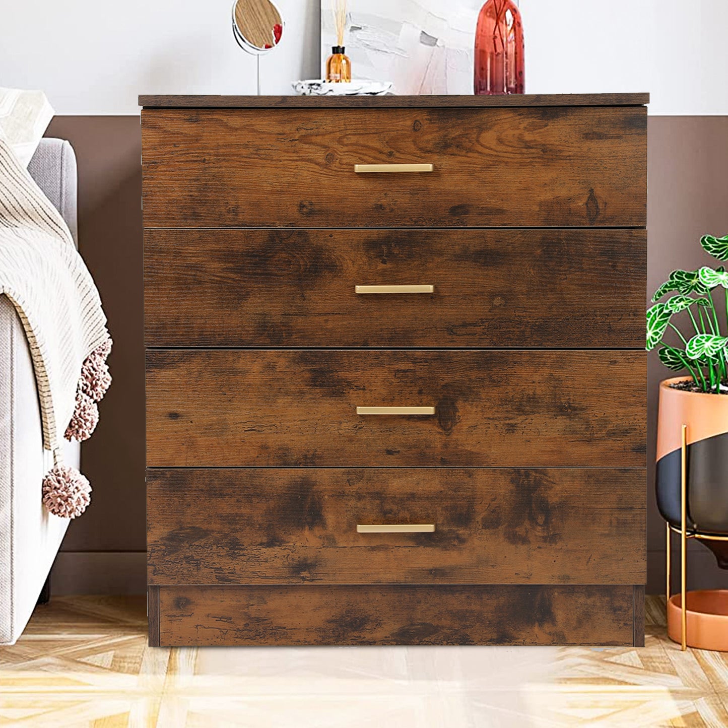 Brown Wood Chest Cabinet for Office, 26'' x 13'' x 29'' Durable MDF Wood Chest Cabinet with Metal Handles, Simple Bedroom Furniture Chest of Drawers for Closet to Storing Clothes, Cosmetic, S7892