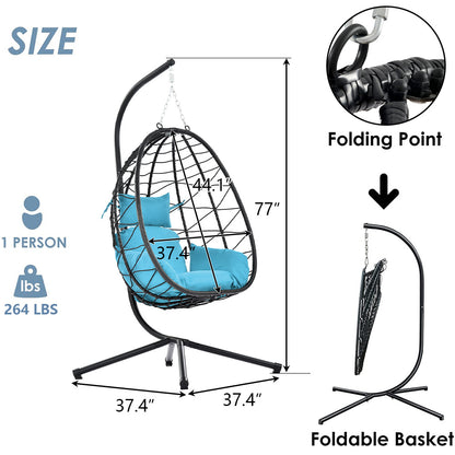 Outdoor Swinging Egg Chair, Patio Wicker Hanging Chairs with Stand, UV Resistant Hammock Chair with Comfortable Light Blue Cushion, Durable Indoor Swing Egg Chair for Garden, Backyard, L3937