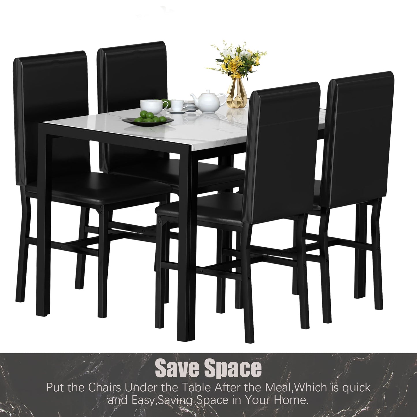 Kitchen Table and 4 Chairs Set, Metal Kitchen Table Sets Faux Marble Rectangular Breakfast Table w/Metal Legs & Black Finish Frame, Dining Table Sets for an Apartment Breakfast, SS1268