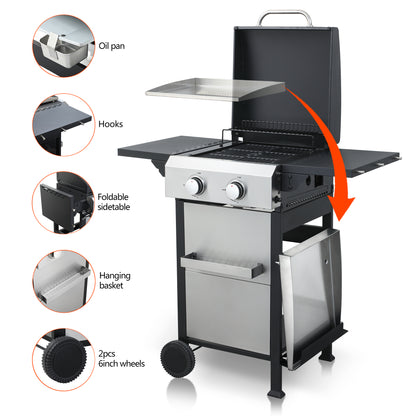 2 in 1 Propane Gas Grill and Griddle Combo, 2 Burner Griddle Grill Combo with Folding Side Tables & Hanging Basket, 24,600BTU Stainless Steel Propane Grill for Outdoor Cooking