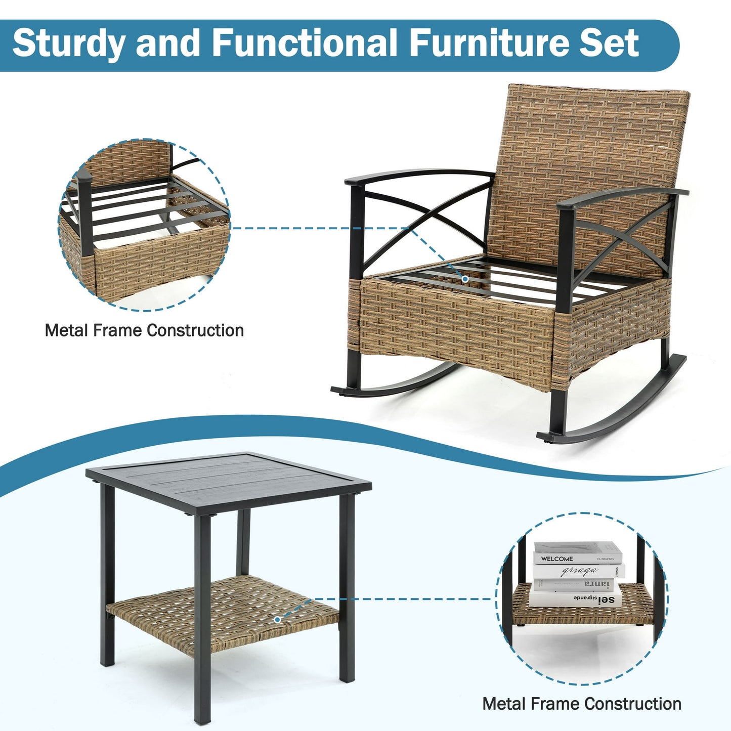 Segmart 3-Piece Patio Rocking Bistro Set, Outdoor Rattan Wicker Chairs with Blue Cushions & Steel Side Table, Front Porch Furniture Set for Balcony, Garden, Poolside