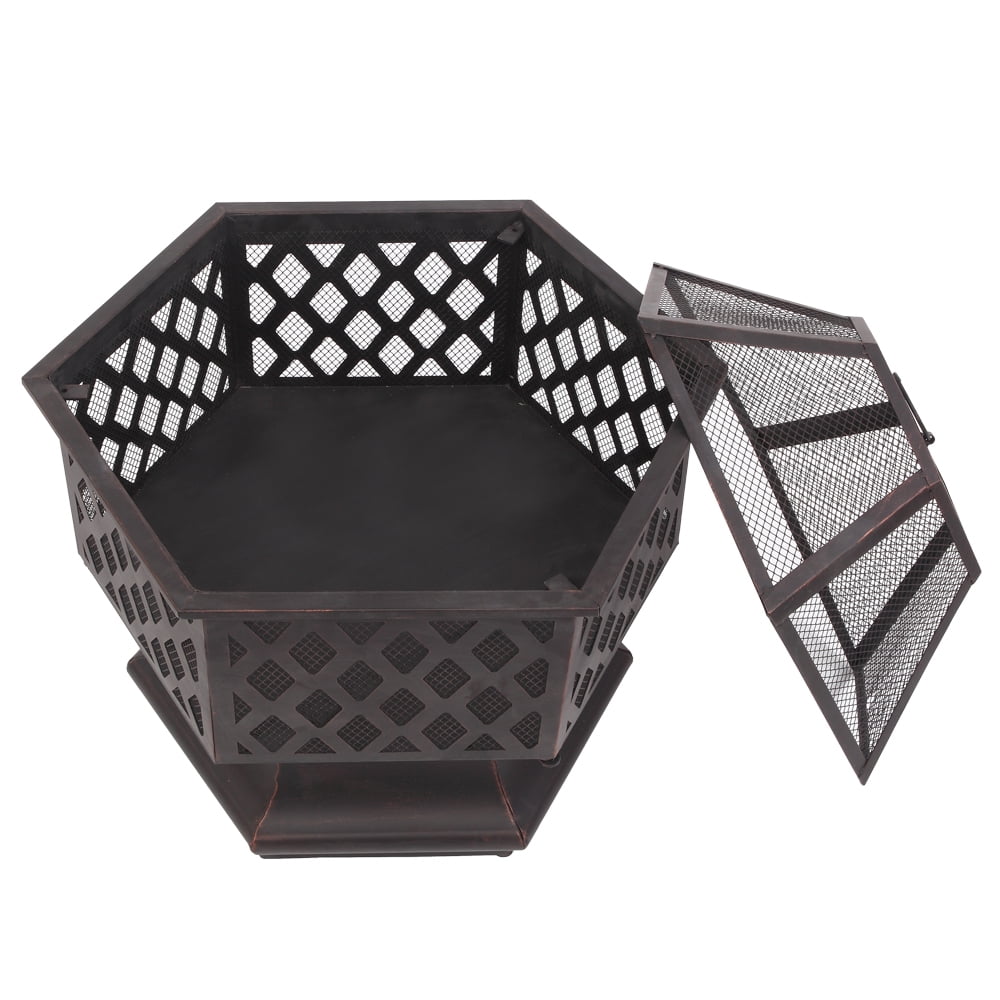 Fire Pit for Outside, Premium Hexagon-shaped Steel Fire Pit w/Mesh Screen Lid, Portable Outdoor Metal Fire Pit with Poker, Multifunctional Heater/Grill/Ice Pit for Patio Garden BBQ Grill, S7039