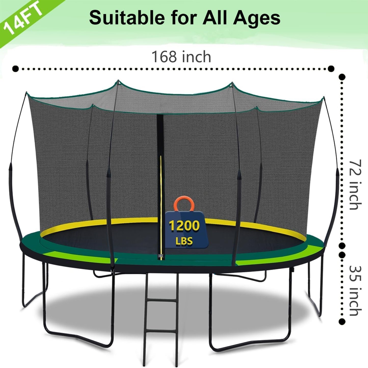 14 FT trampoline for kids and Adults, Outdoor Trampoline with Fiberglass Rods and Smart Zipper System Zero Gaps, Segmart Recreational Trampoline with Enclosure Net, 880LBS Heavy Duty Trampoline