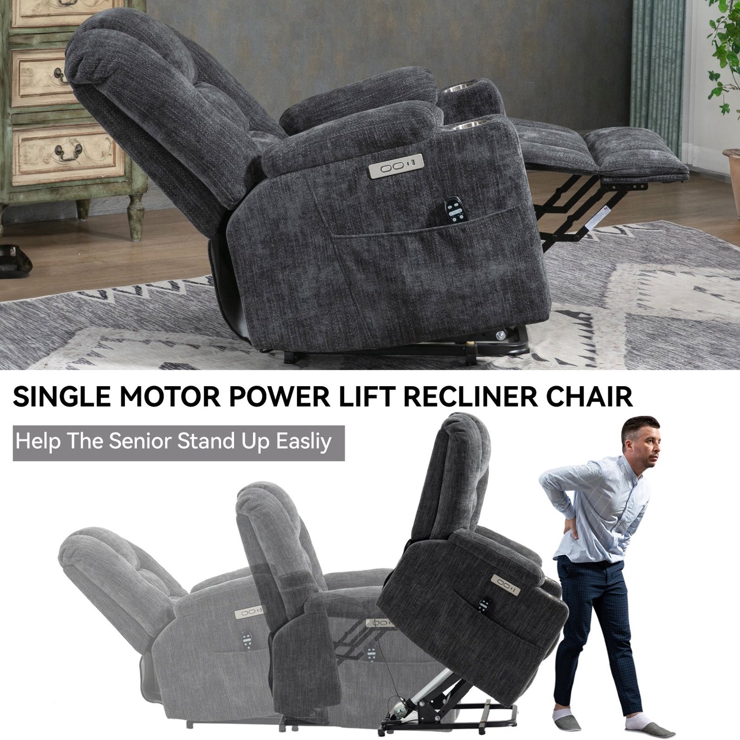 Power Lift Recliner Chair with Massage and Heat for Elderly, Segmart Overstuffed Wide Recliners, Heavy Duty Motion Mechanism with USB and Type C Ports, 2 Steel Cup Holders, Dark Gray
