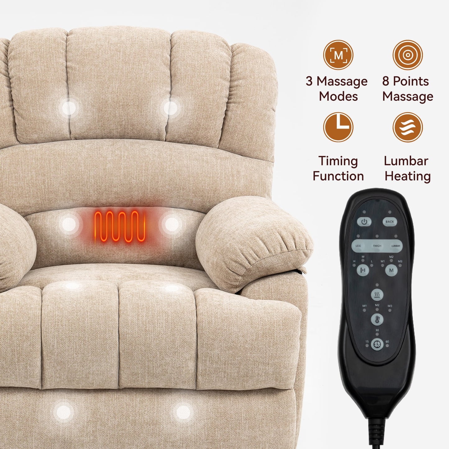 Extra Wide Power Lift Recliner Chair for Elderly, Oversized Chenille Lift Chair with 8-Point Massage & Lumbar Heat, USB Charging Port, Side Pockets, 350 lbs Capacity