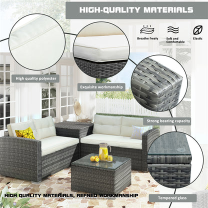 4 Piece Outdoor Dining Set, Rattan Wicker Chairs with Glass Dining Table and Storage Cabinet, All-Weather Rectangle Patio Sofa Furniture Set with Cushions for Backyard, Porch, Garden, Pool, L2287
